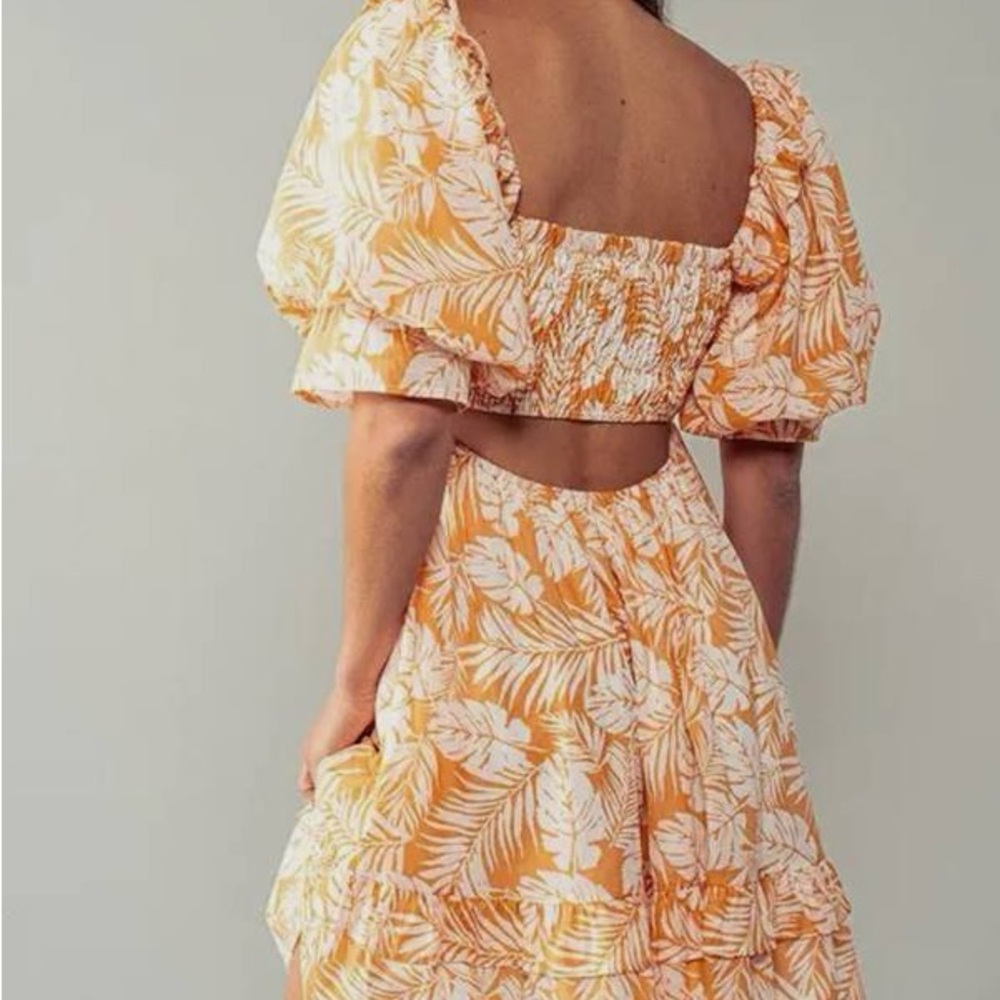 Floral Puff Sleeve Dress in Orange and White